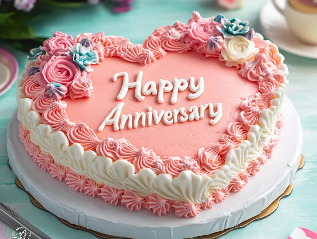 Heart-shaped cake with pink and white vintage piping, decorated with floral garlands and a “Happy Anniversary” message.