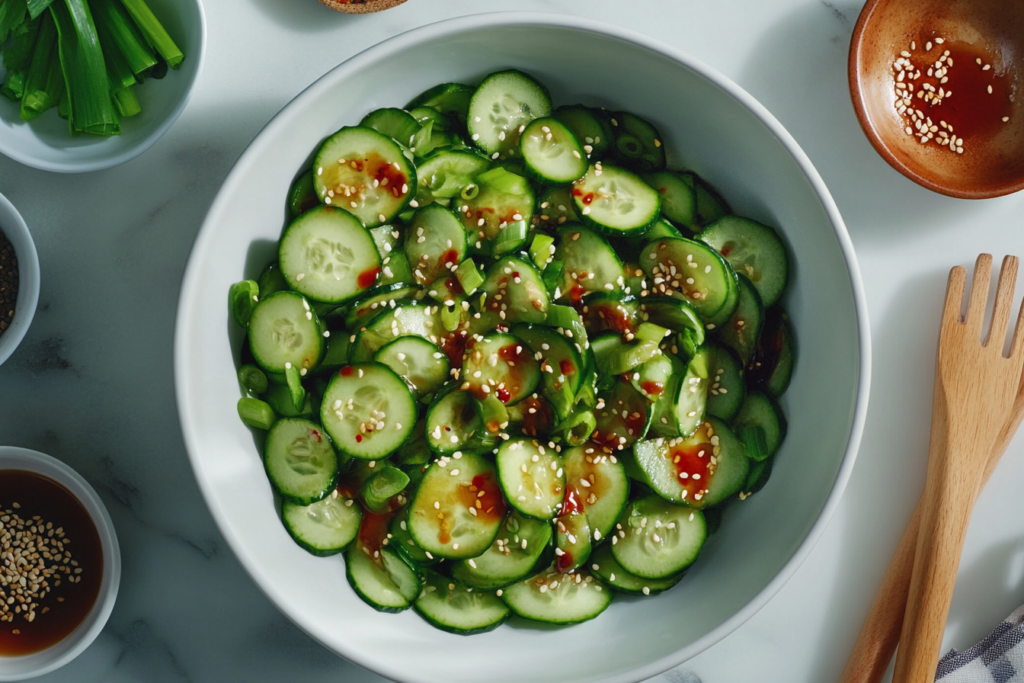 A vibrant cucumber salad featuring thinly sliced cucumbers with sesame seeds, green onions, and soy-sesame dressing with chili oil, served in a white bowl.