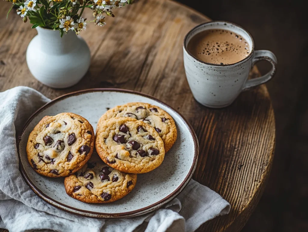 sourdough chocolate chip cookies with coffee on a rustic table, creating a cozy atmosphere.