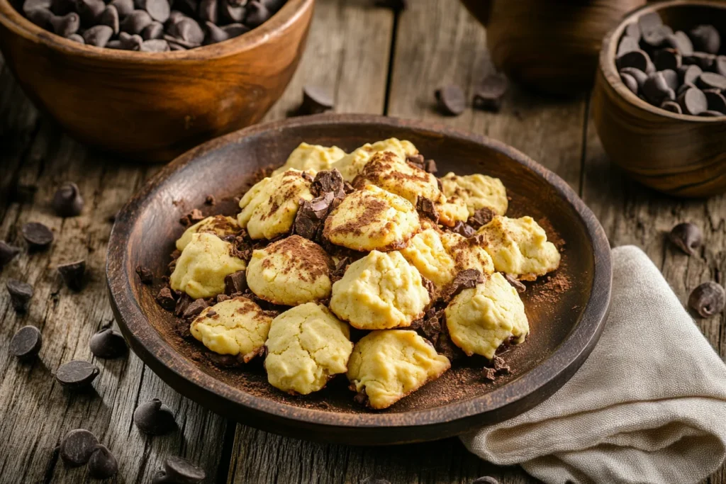 sourdough chocolate chip cookies on a wooden plate with melted chocolate and a rustic, inviting feel.