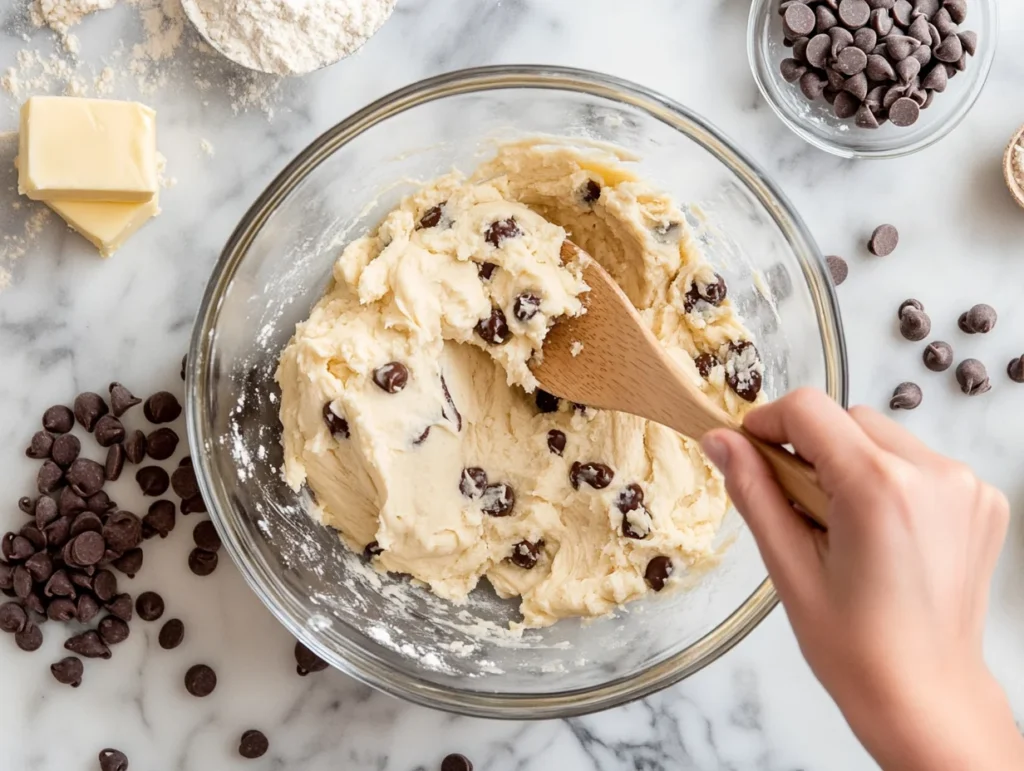 sourdough chocolate chip cookies on a wooden plate with melted chocolate and a rustic, inviting feel.