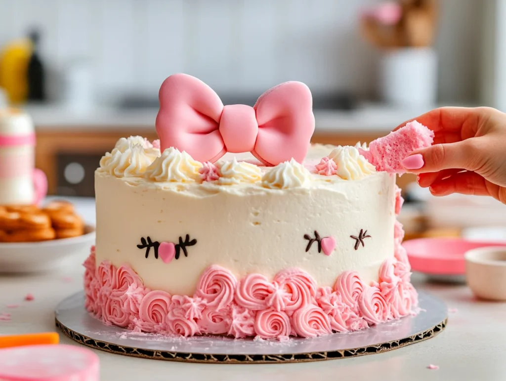 decorated Hello Kitty cake with buttercream frosting, a fondant bow being placed on top, and decorating tools nearby.