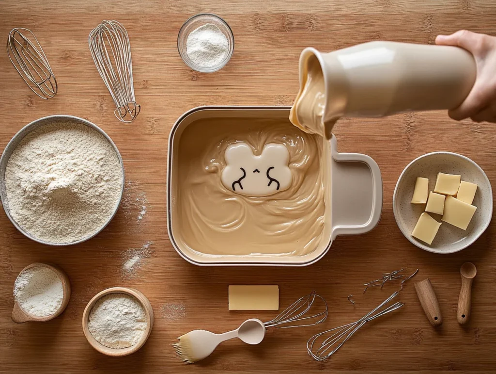 vanilla cake batter into a Hello Kitty-shaped pan, with ingredients and tools arranged on a wooden countertop.