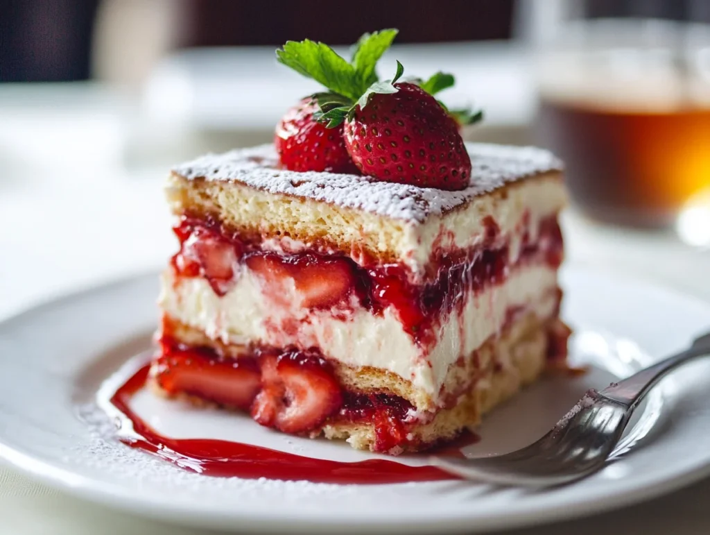 A plated slice of strawberry tiramisu with layers of mascarpone, soaked ladyfingers, and fresh strawberries, garnished with powdered sugar and mint.