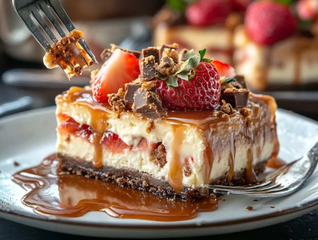 A Snickers Strawberry Cheesecake Bar sliced on a plate with caramel drizzle and fresh strawberries.