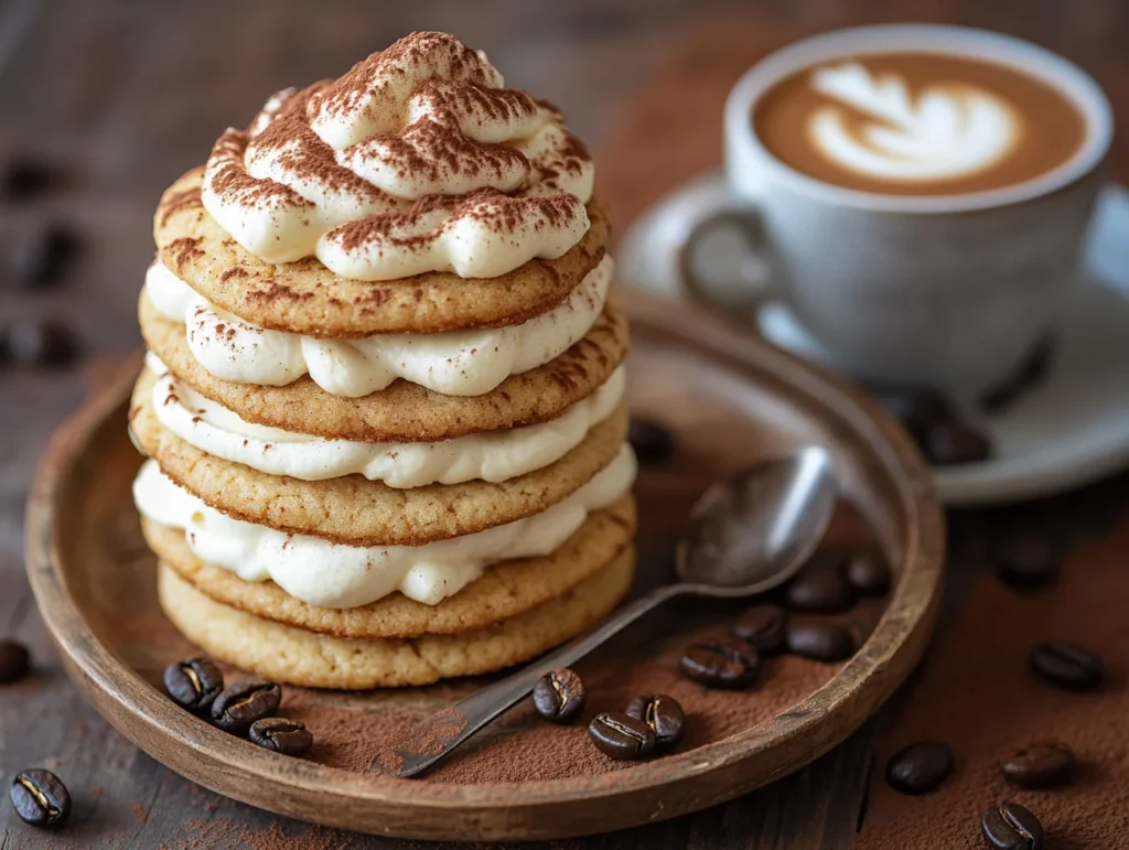 Tiramisu cookies with mascarpone frosting and cocoa dusting, stacked on a rustic wooden plate beside a cappuccino with latte art.