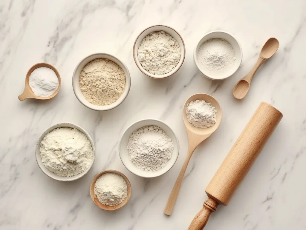 Various gluten-free flours displayed in labeled ceramic bowls, including Cup4Cup, King Arthur, and Bob’s Red Mill, with wooden scoops and a rolling pin.