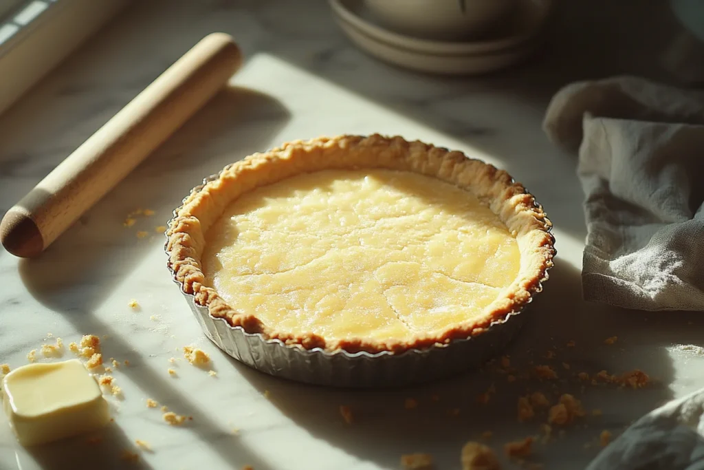 Golden, buttery shortbread pie crust in a tart pan on a marble countertop, with a rolling pin and butter nearby, ready for filling.