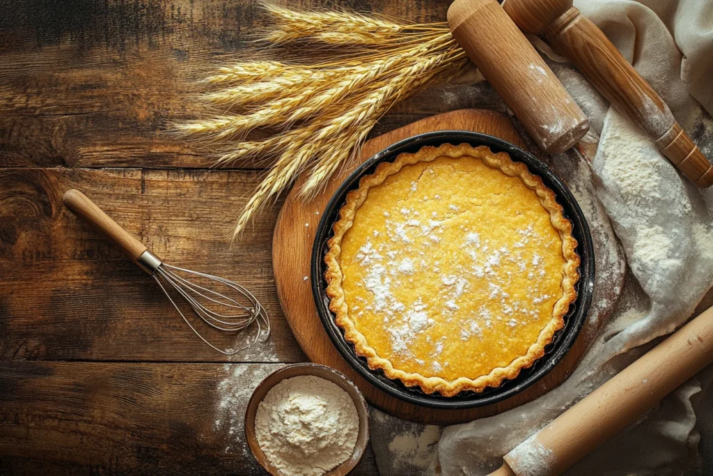 A golden-baked shortbread pie crust in a round tart pan, sitting on a wooden kitchen counter with baking tools around.