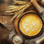 A golden-baked shortbread pie crust in a round tart pan, sitting on a wooden kitchen counter with baking tools around.