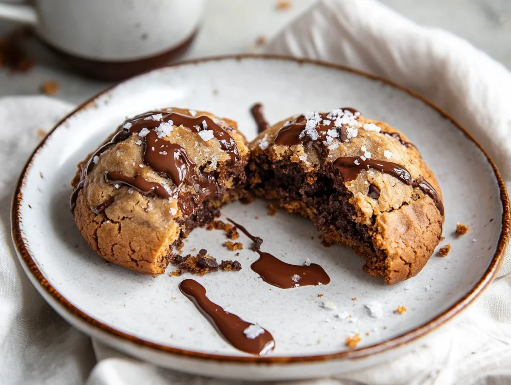 A freshly baked crookie on a white ceramic plate, drizzled with chocolate and sprinkled with sea salt, with a gooey cookie center.