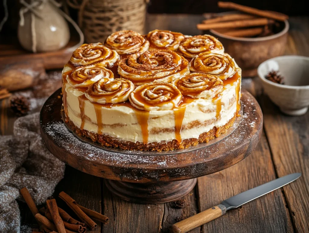 cinnamon roll cheesecake decorated with piped cream cheese frosting and caramel drizzle on a rustic cake stand.