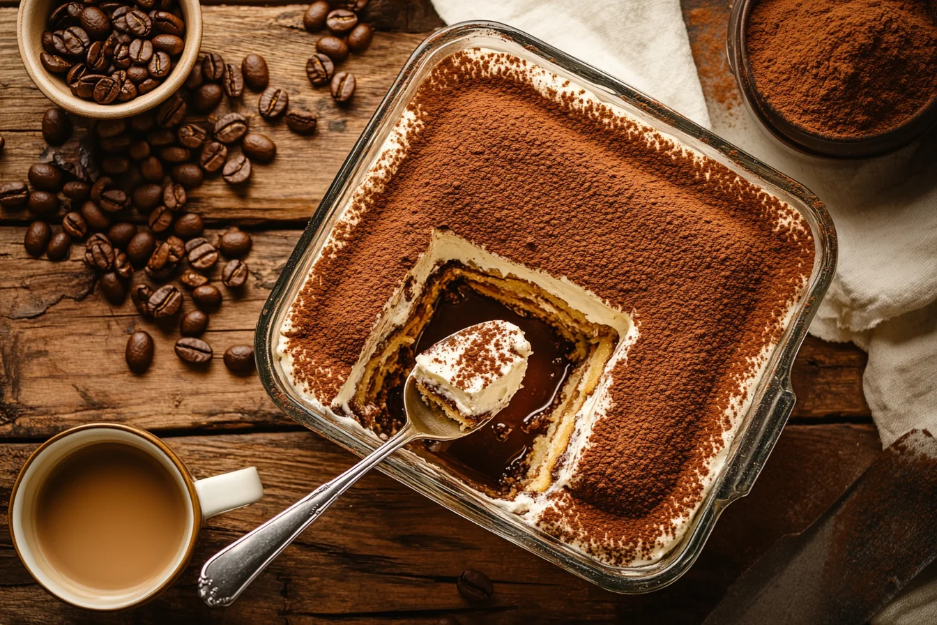 Classic tiramisu dessert with espresso-soaked ladyfingers, mascarpone layers, and cocoa powder dusting in a glass dish.