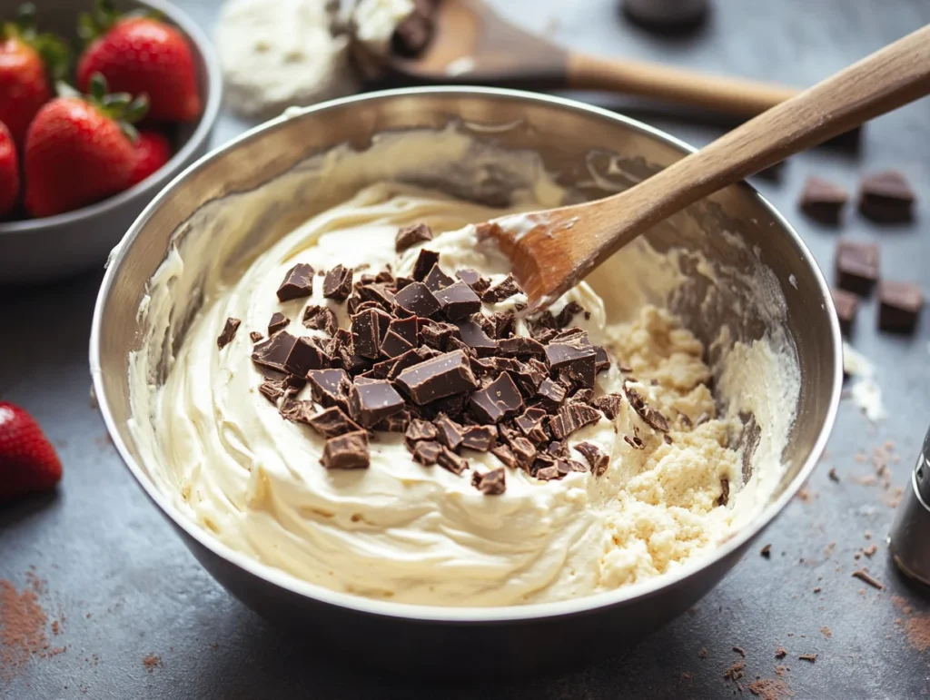 A mixing bowl filled with cheesecake batter, chopped Snickers, and white chocolate being folded in.