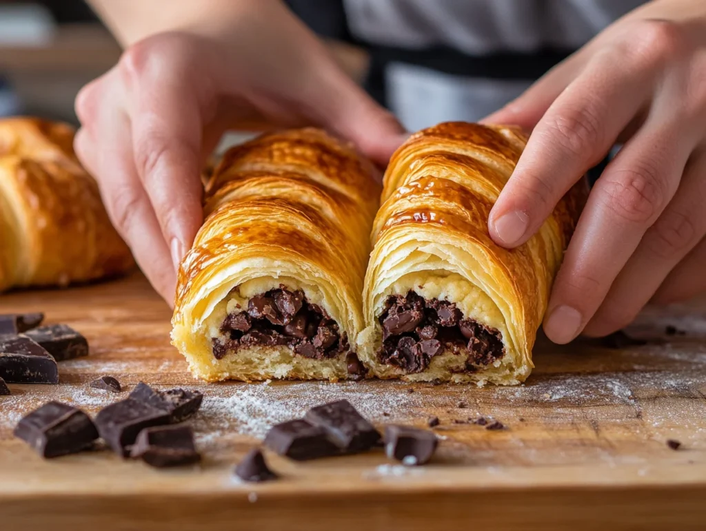 slicing a croissant in half and stuffing it with rich chocolate chip cookie dough on a wooden cutting board.