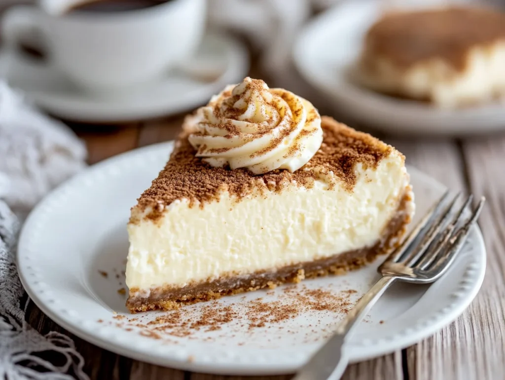 slice of cinnamon roll cheesecake drizzled with cream cheese frosting, sprinkled with cinnamon sugar, and served with a fork.