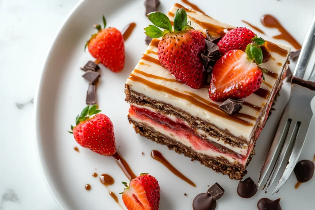 A stack of Snickers Strawberry Cheesecake Bars topped with fresh strawberries and caramel drizzle on a white marble plate.