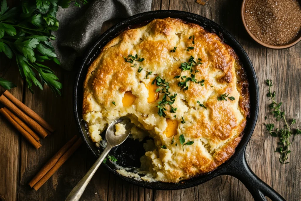 Gluten-free peach cobbler with a golden biscuit topping in a cast-iron skillet, surrounded by cinnamon sticks and fresh peaches.