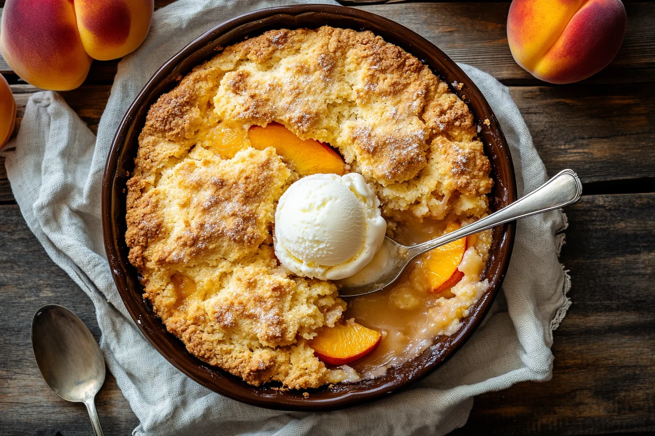 Freshly baked gluten-free peach cobbler with a golden-brown biscuit topping, served with a scoop of melting vanilla ice cream.