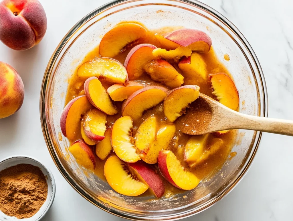 Fresh peach slices tossed with brown sugar, cinnamon, and cornstarch in a glass bowl, being stirred with a wooden spoon.