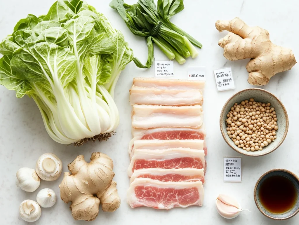 Fresh ingredients for Mille-Feuille Nabe, including napa cabbage, pork belly, mushrooms, garlic, ginger, and a bowl of dashi broth, arranged for a nutritional breakdown.