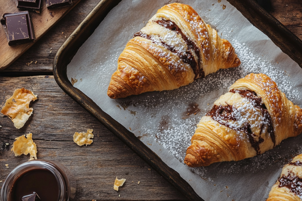 Freshly baked crookie with a flaky croissant base and gooey chocolate-stuffed cookie dough, set on parchment paper with chocolate chunks.