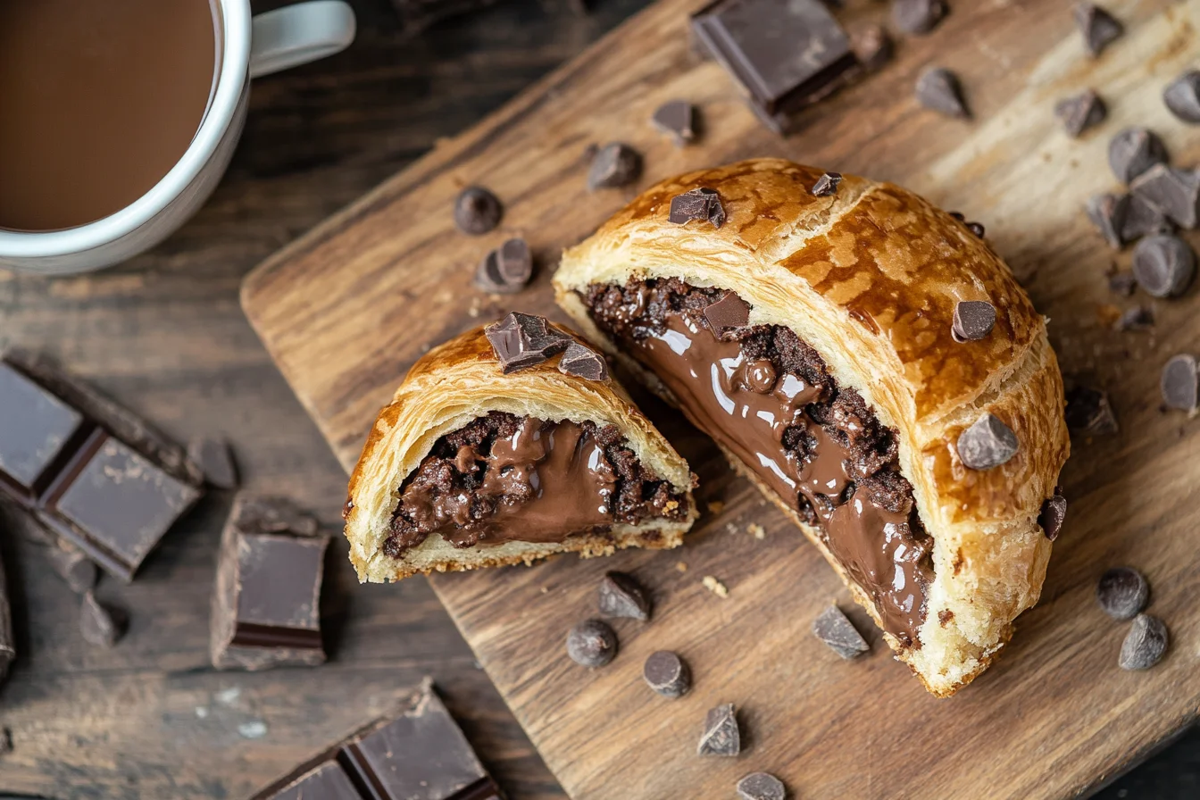 crookie, a croissant filled with gooey chocolate chip cookie dough, on a wooden board with chocolate chunks and coffee.