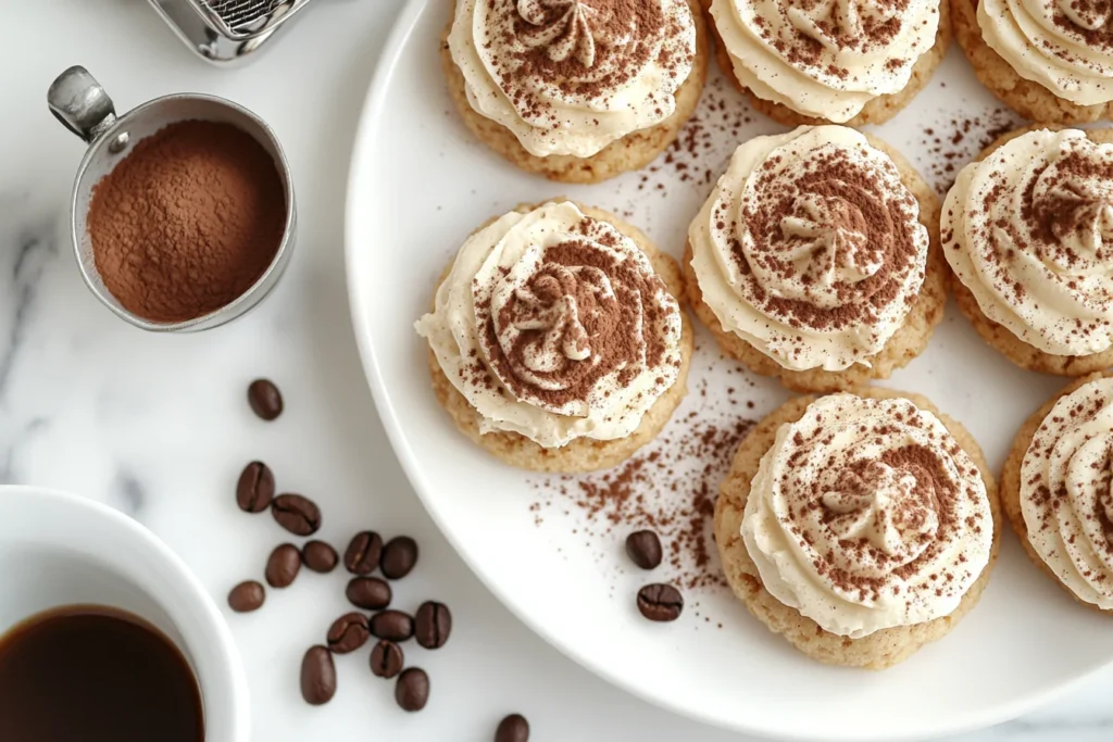 tiramisu cookies topped with mascarpone frosting and cocoa dusting, placed on a ceramic plate with an espresso cup nearby.