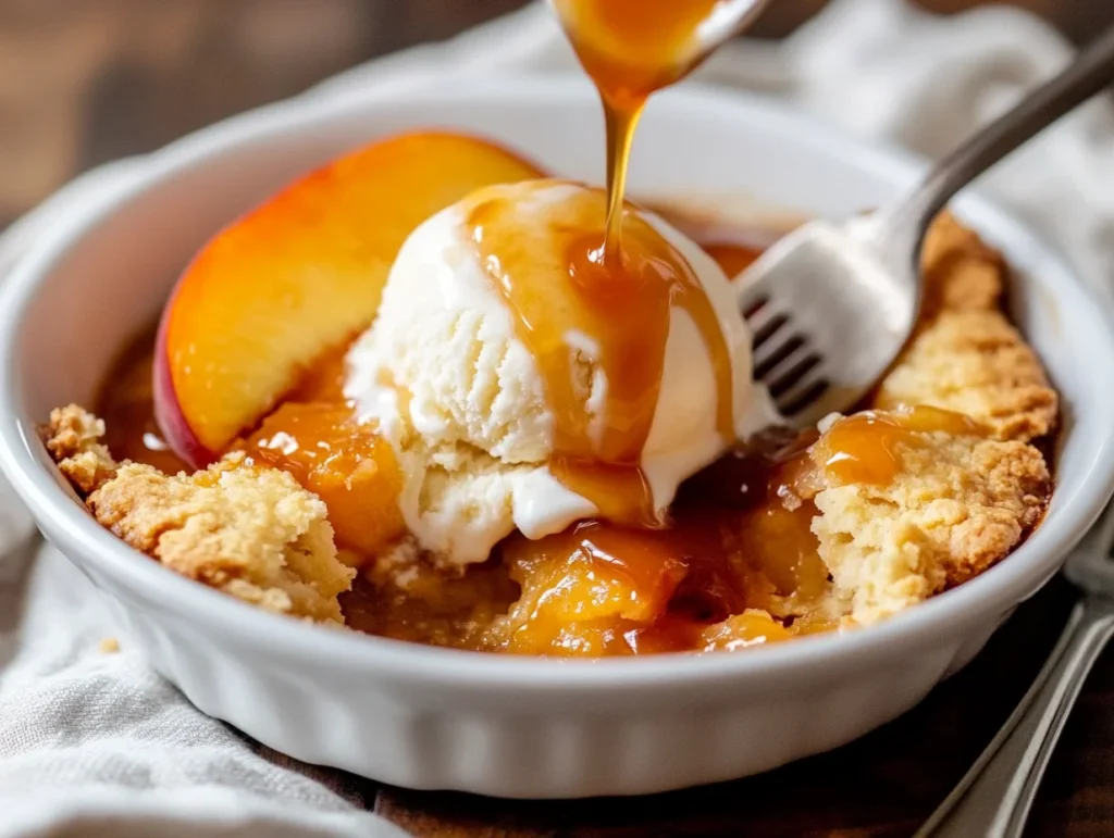 A warm serving of gluten-free peach cobbler in a white bowl, topped with melting vanilla ice cream and drizzled with caramel sauce.