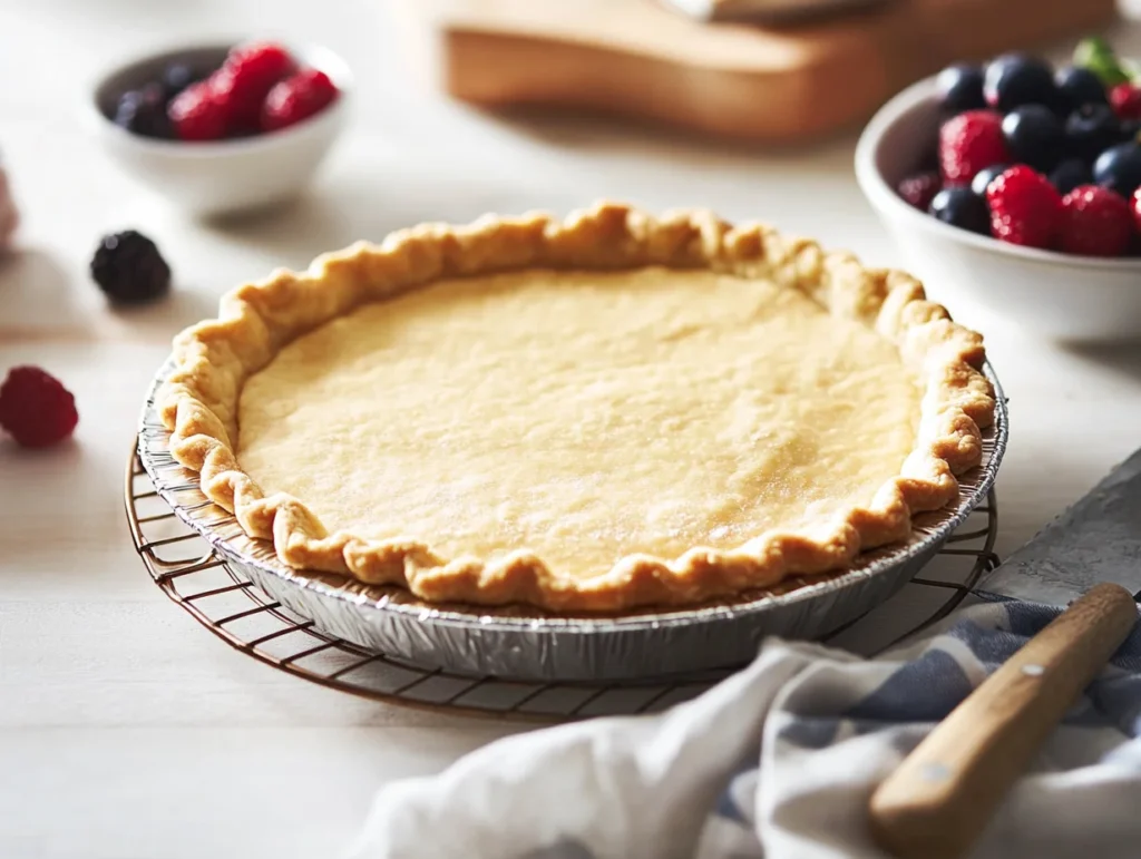 A fully baked golden shortbread pie crust cooling on a wire rack, ready for a delicious filling.