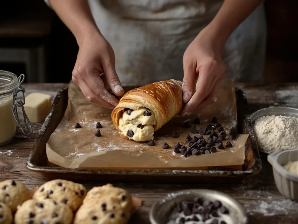 A home baker stuffing a croissant with cookie dough, surrounded by baking ingredients and a tray of crookies ready for the oven.