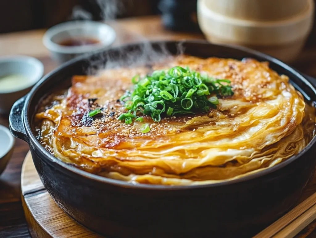 A steaming Mille-Feuille Nabe hot pot with napa cabbage and pork belly, garnished with green onions and shiitake mushrooms, ready to be enjoyed.