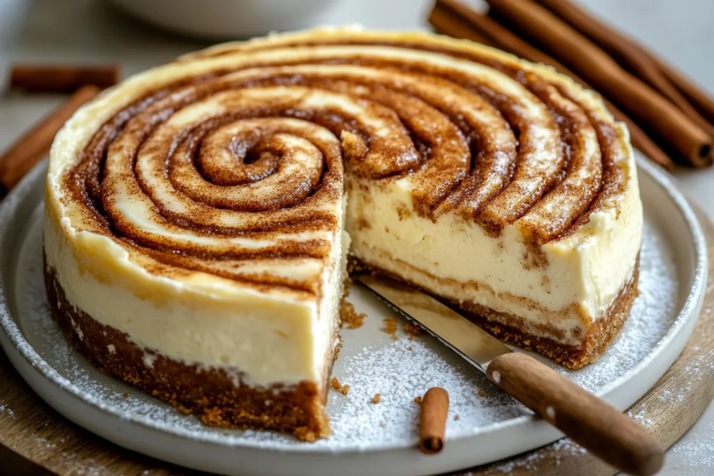 freshly baked cinnamon roll cheesecake with a cinnamon swirl and cream cheese frosting on a white plate.