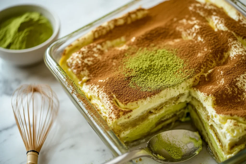 matcha tiramisu in a glass dish, dusted with green tea powder, showing creamy mascarpone layers and soft ladyfingers.