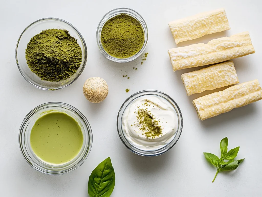 Fresh ingredients for matcha tiramisu, including matcha powder, mascarpone cheese, whipped cream, and ladyfingers, neatly arranged on a white countertop.