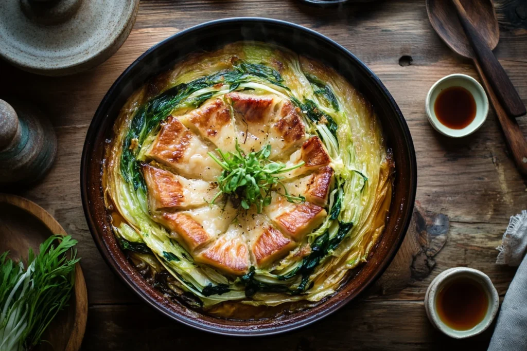 A beautifully arranged Mille-Feuille Nabe hot pot with layers of napa cabbage and pork belly in a Japanese donabe, steaming in rich dashi broth.