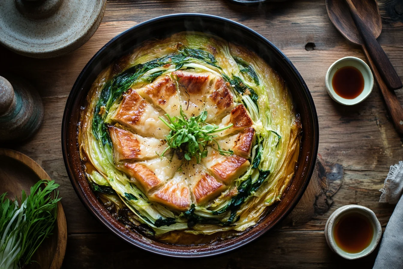 A beautifully arranged Mille-Feuille Nabe hot pot with layers of napa cabbage and pork belly in a Japanese donabe, steaming in rich dashi broth.