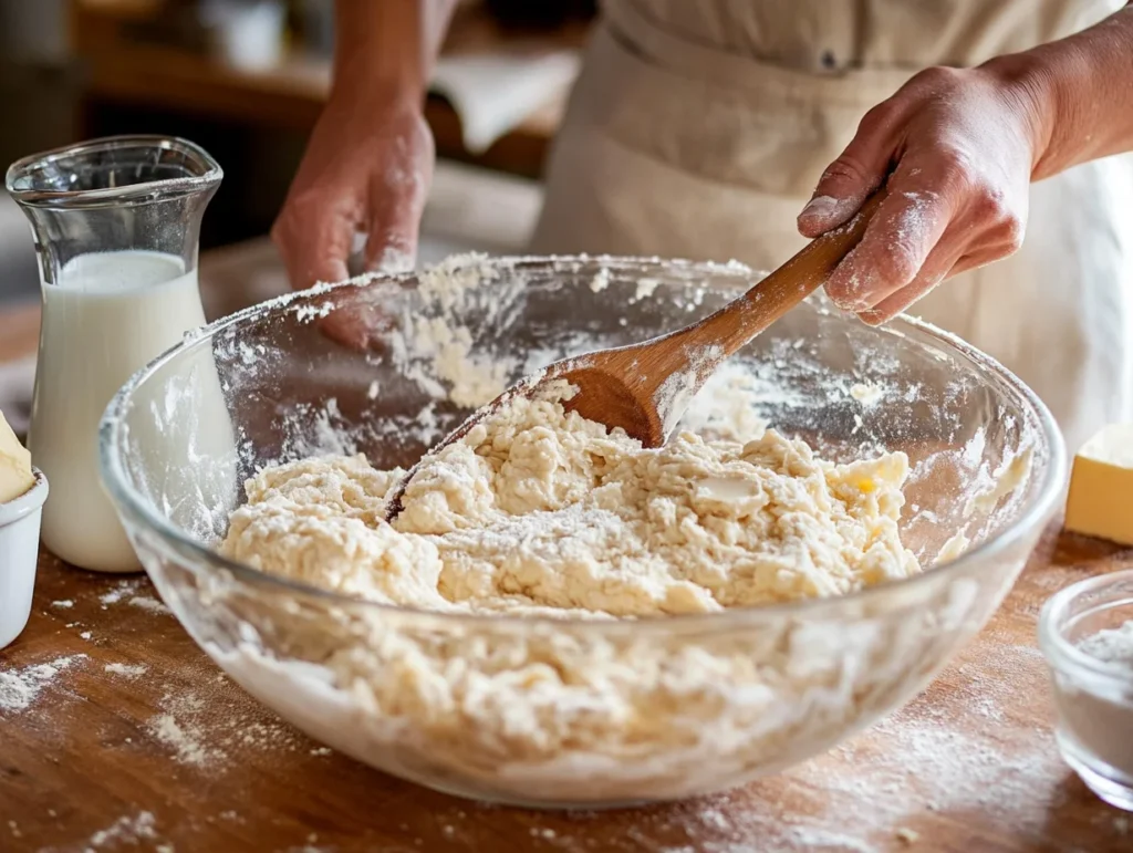 A baker’s hands mixing gluten-free cobbler dough in a glass bowl, with a wooden spoon and baking ingredients nearby.