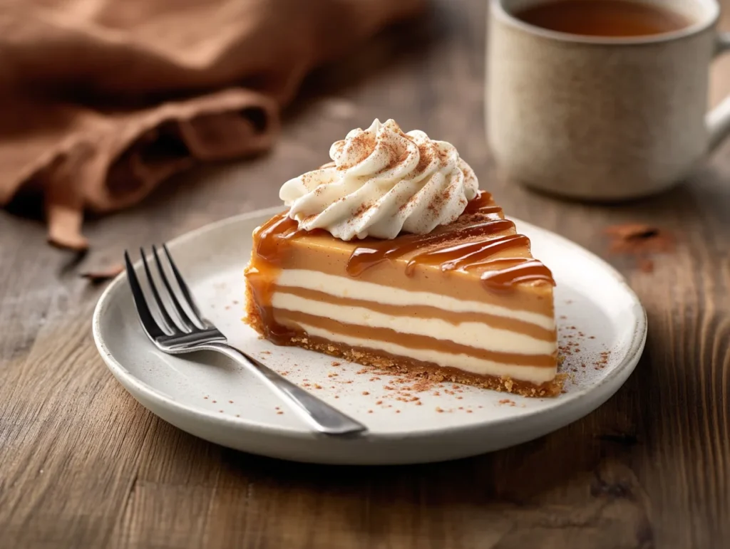 A slice of no-bake pumpkin pie on a white plate, topped with whipped cream, caramel drizzle, and cinnamon, with a fork and a cup of spiced chai in the background.