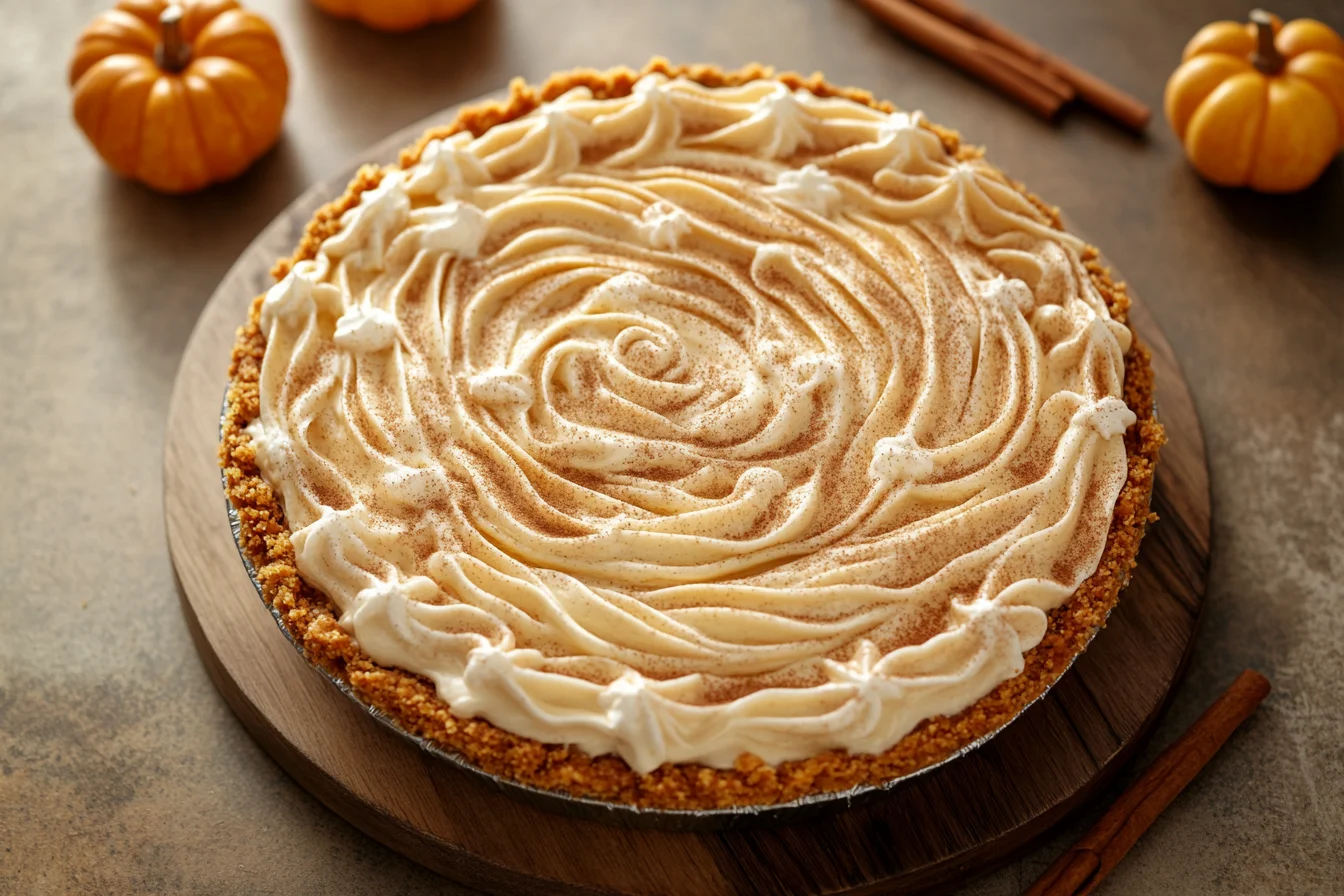 Delicious no-bake pumpkin pie with a creamy filling and a graham cracker crust, topped with whipped cream and cinnamon, served on a rustic wooden background.