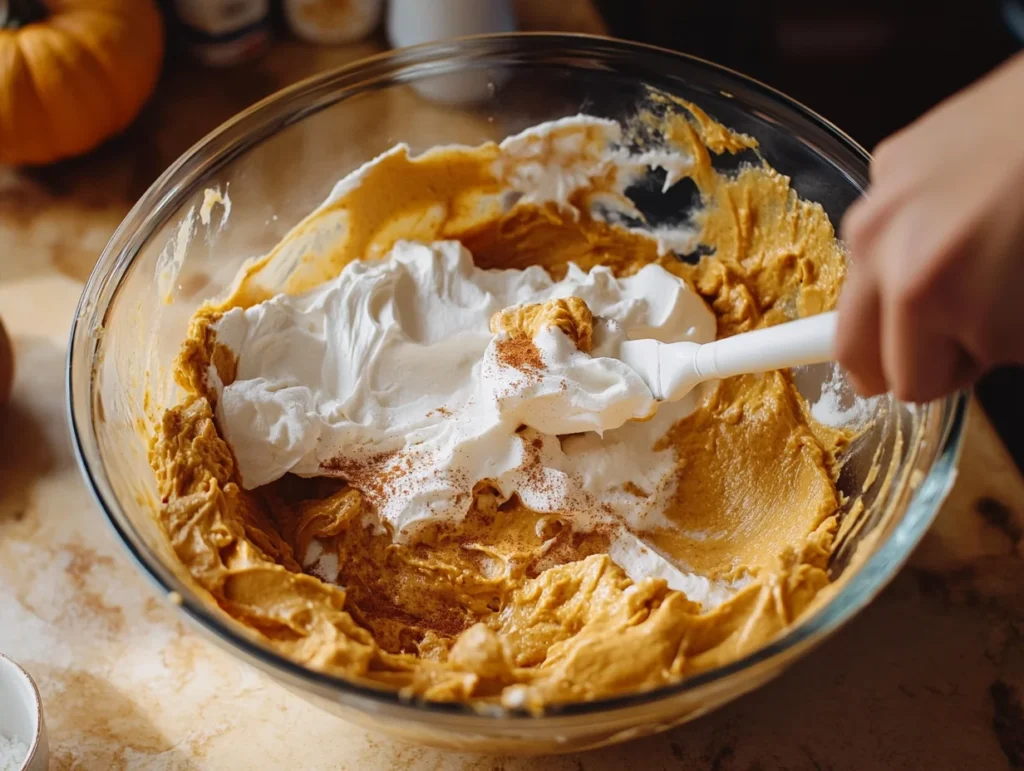 mixing bowl with smooth no-bake pumpkin pie filling being prepared with a spatula, surrounded by ingredients like pumpkin puree and whipped topping.