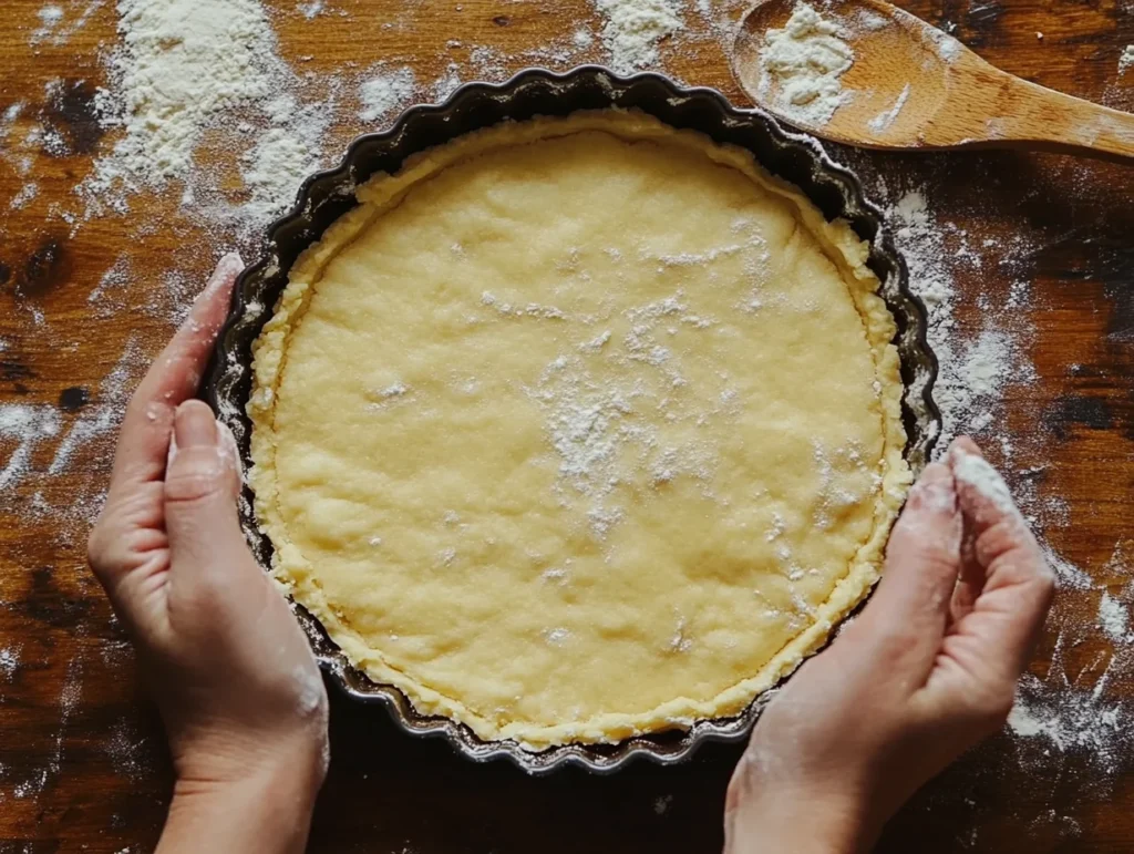 shortbread dough into a tart pan, ensuring an even crust for a buttery and crisp base.