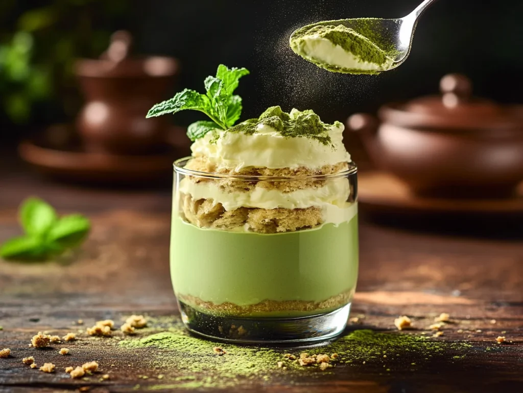 matcha tiramisu in a glass cup, with a spoon lifting a creamy bite, showing rich mascarpone layers and matcha-soaked ladyfingers.