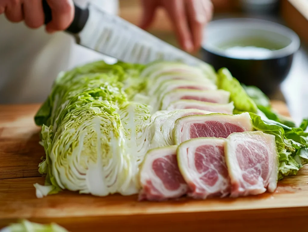 napa cabbage and pork belly on a wooden board, preparing the Mille-Feuille Nabe hot pot with precision.