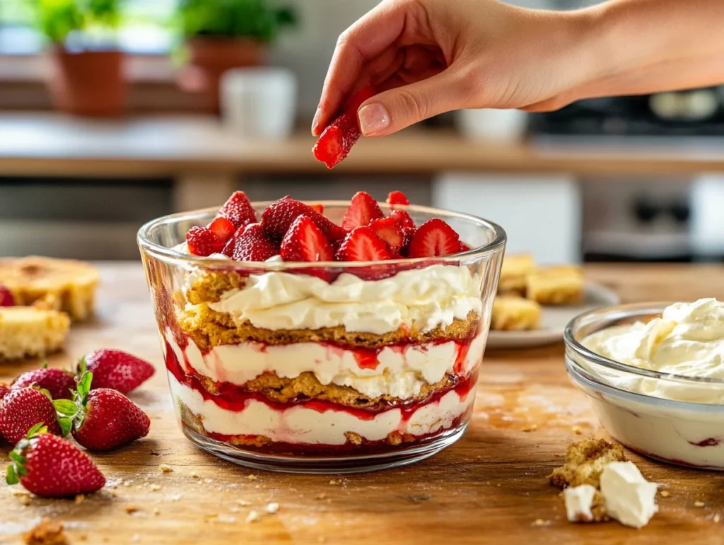 fresh strawberry syrup, preparing layers of homemade strawberry tiramisu in a glass baking dish.