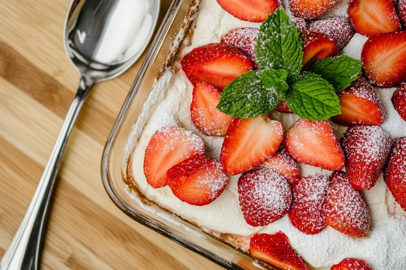 strawberry tiramisu in a glass dish, layered with mascarpone cream, ladyfingers, and fresh strawberries, dusted with powdered sugar.