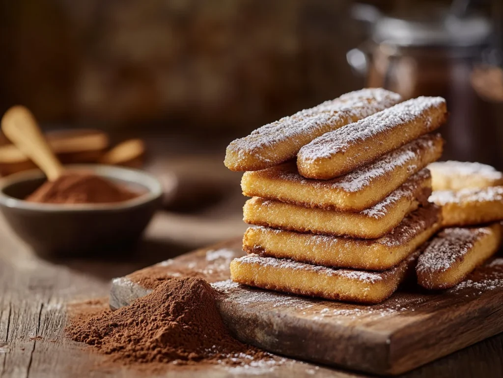 Traditional ladyfingers (Savoiardi biscuits) stacked on a wooden board, dusted with powdered sugar, next to espresso and cocoa powder.