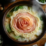 Beautifully arranged Mille-Feuille Nabe hot pot with napa cabbage and pork belly in a steaming dashi broth, surrounded by fresh ingredients.