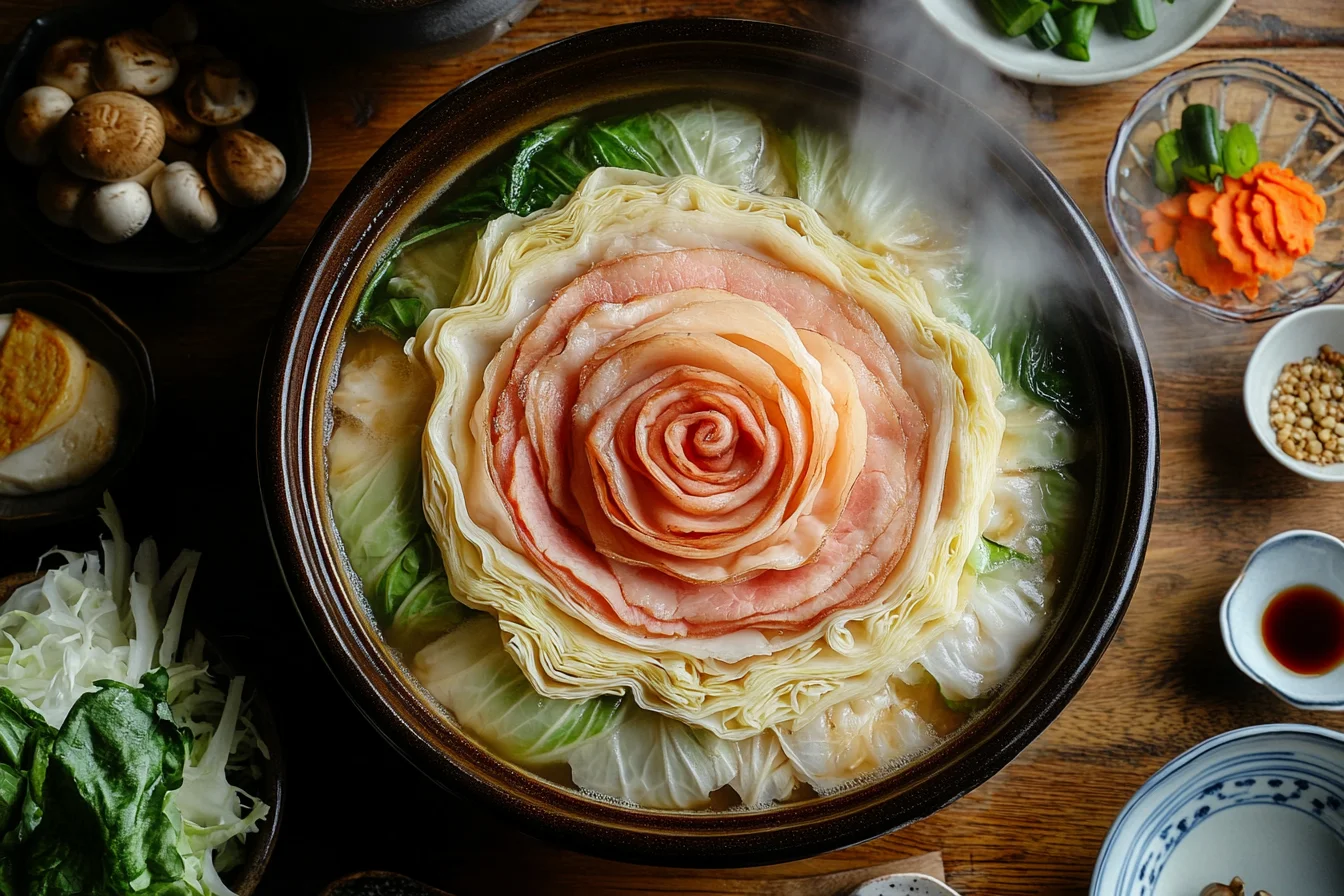 Beautifully arranged Mille-Feuille Nabe hot pot with napa cabbage and pork belly in a steaming dashi broth, surrounded by fresh ingredients.