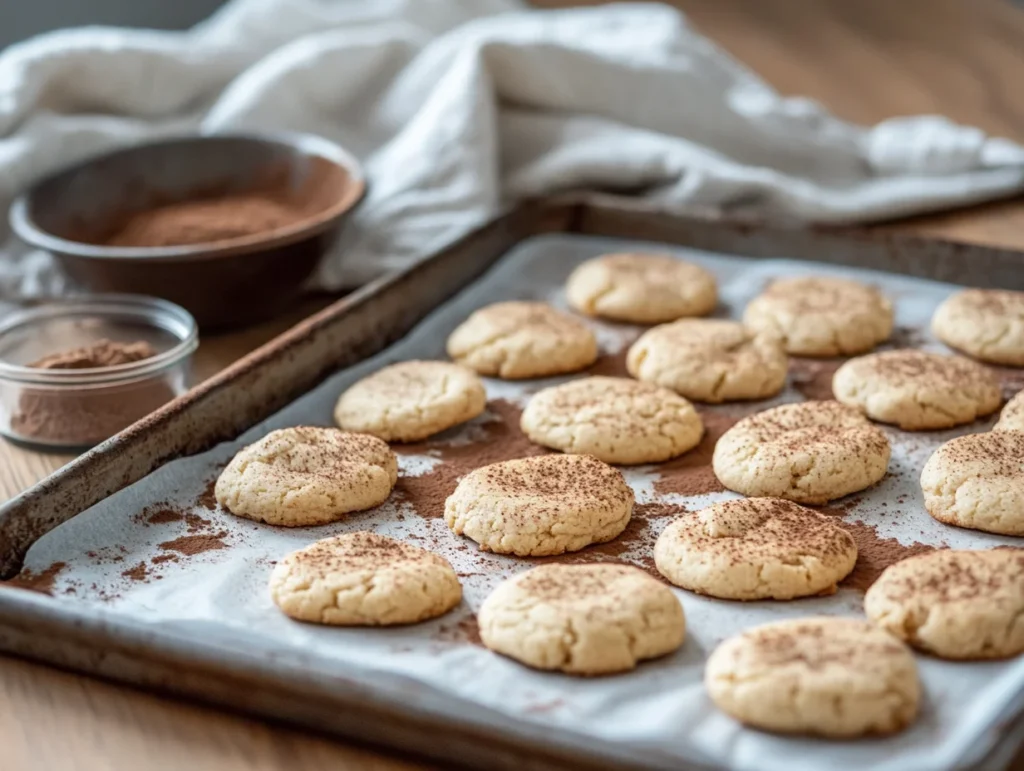 A tray of freshly baked tiramisu cookies cooling on a rack, with a dish of espresso powder and a folded towel in the background.